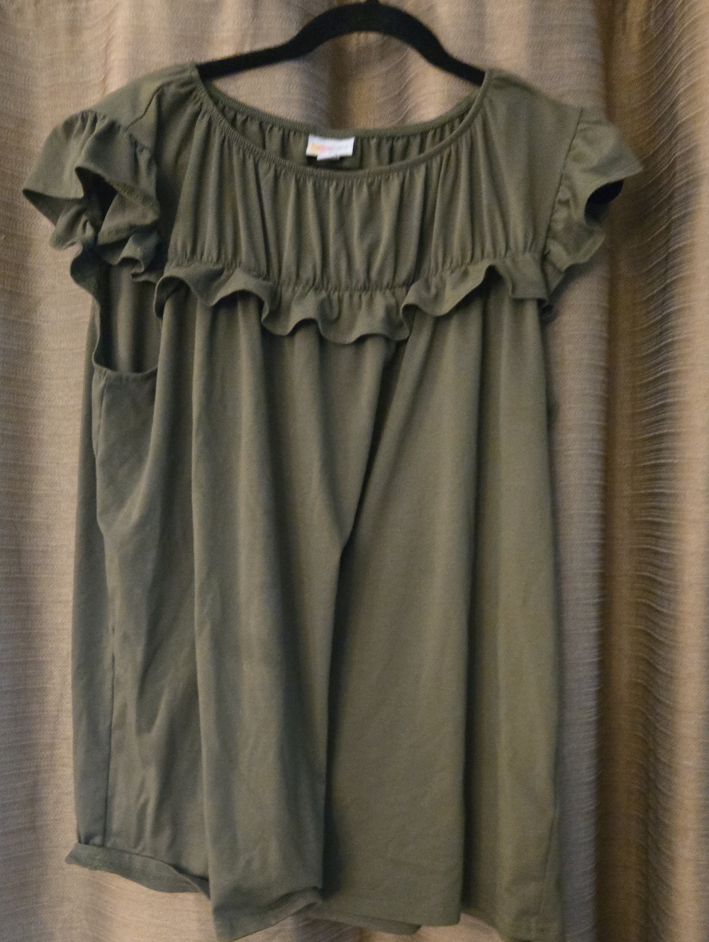 LuLaRoe Olive Green Ruffle Yoke Cap Sleeve Top
